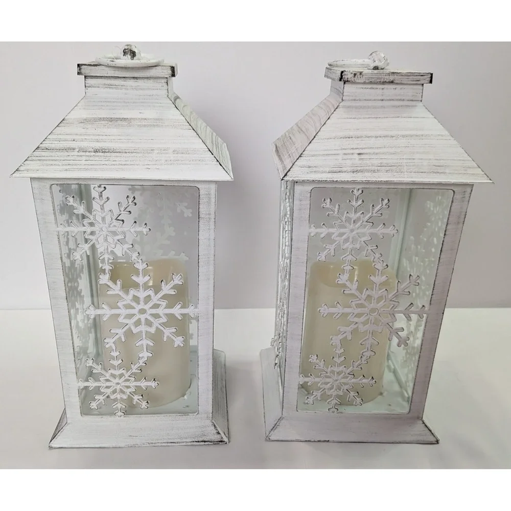 Snowflake Lanterns Set of 2 White Excellent Distressed LED Candles